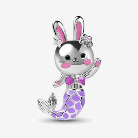 Sterling Silver Rabbit Mermaid Enamel Charm - Picture 1 of 1